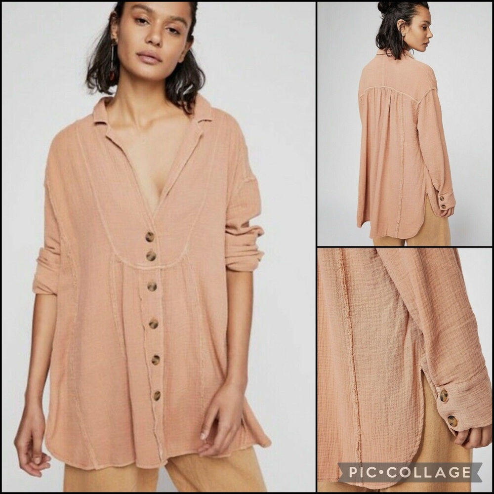 Free People Rusty Rose Mauve Gauzy Button Down Blouse Top Duster Jacket